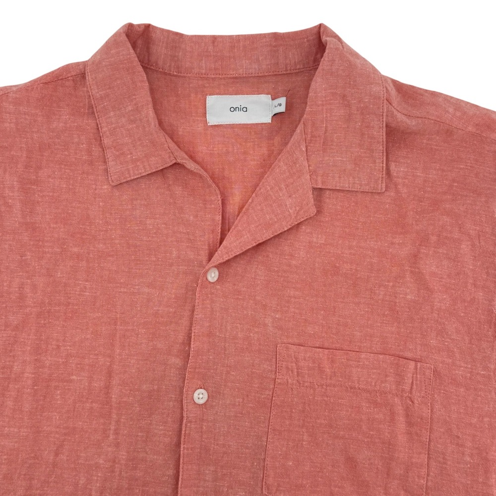 ONIA Mens L Large Camp Shirt Short‎ Sleeve Coral Linen Blend Button Down Casual
